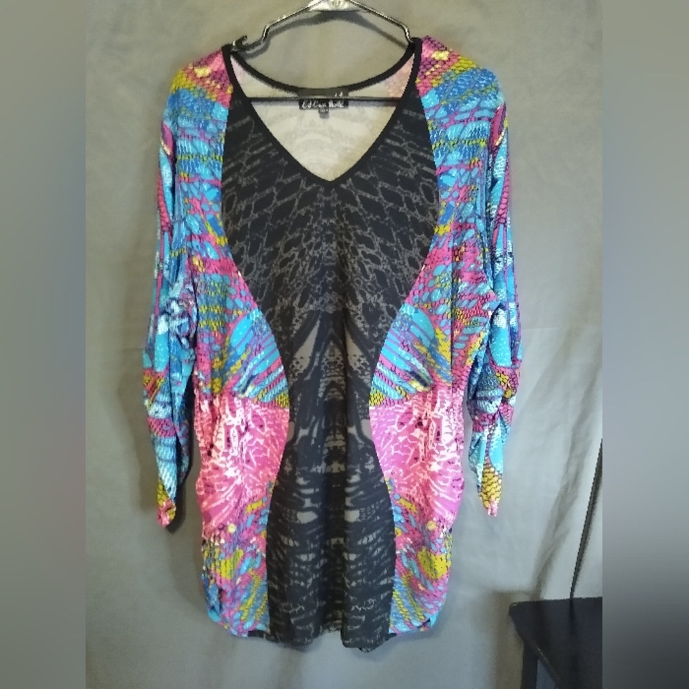 CSC Colorful V-Neck Patterned Runched Sides Lace Middle Plus Size Tunic